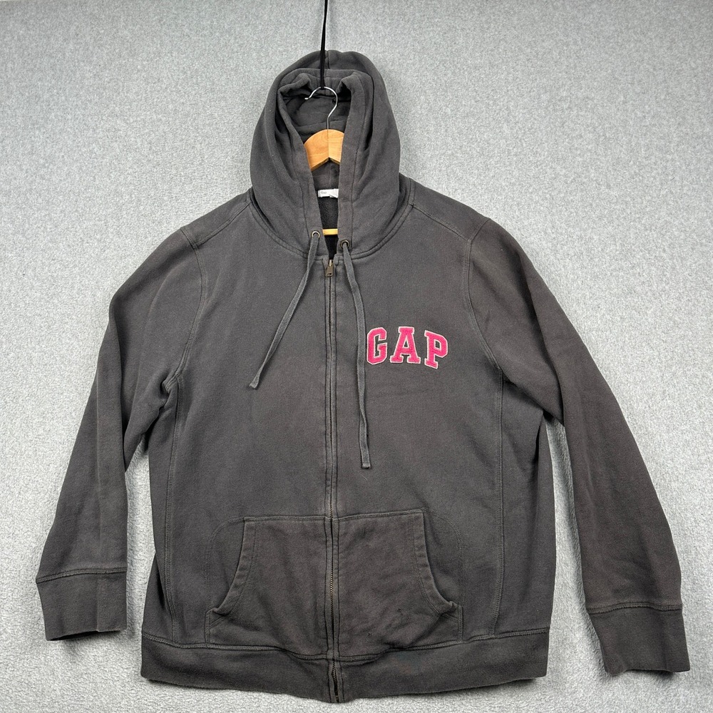 Gap Hoodie Women XL Full Zip Charcoal Gray Pink Logo Sweatshirt